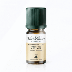 Huile essentielle de Vétiver Bio en flacon ambré 10 ml – Distillerie Saint-Hilaire, 100% pure et naturelle, parfum boisé et apaisant.