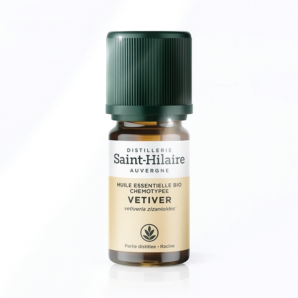 Huile essentielle de Vétiver Bio en flacon ambré 10 ml – Distillerie Saint-Hilaire, 100% pure et naturelle, parfum boisé et apaisant.